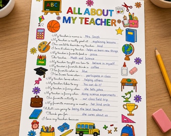 All About My Teacher Printable Worksheet | Teacher Appreciation Gift | End of Year School Activity | Coloring Page for Kids | PDF Download