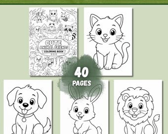 Cute Animals Coloring Book for Kids Printable | 40 Animal Coloring Pages PDF | Preschool Coloring Activity | Instant Download