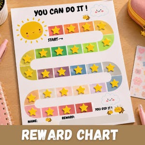 Pode incluir: Um gráfico de recompensas colorido com o texto "YOU CAN DO IT!" e "YOU DID IT!" apresenta um caminho de estrelas amarelas. O gráfico inclui espaços para um nome e recompensa, com um sol sorridente e abelhas.