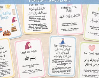 Daily Dua Cards for Kids Printable | Islamic Flash Cards | 30 Daily Duas for Children | Muslim Kids Learning Activity | Arabic Dua Cards PDF