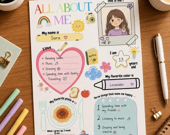 All About Me Printable Worksheet | Back to School Activity for Kids | Preschool & Kindergarten About Me Page | Homeschool PDF