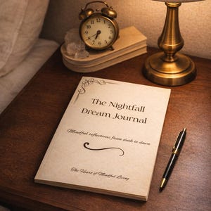 May include: A bedside scene featuring a journal, pen, and alarm clock. The journal, titled "The Nightfall Dream Journal," lies open with text. A brass-toned alarm clock sits atop a stack of books. A pen rests beside the journal.