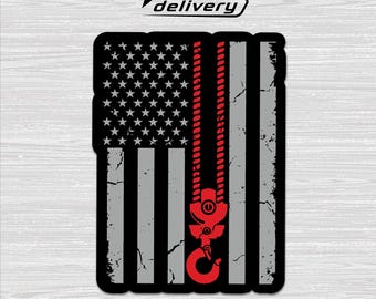 Thin Red Line Crane Operator Sticker, Patriotic American Flag Decal, Heavy Equipment Gift, 4x3 Vinyl Laptop Water Bottle