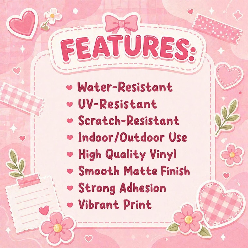 May include: A pink and white graphic with the word "FEATURES" in pink, surrounded by hearts, flowers, and decorative tape. The text lists features including water, UV, and scratch resistance, indoor/outdoor use, high-quality vinyl, a smooth matte finish, strong adhesion, and a vibrant print.
