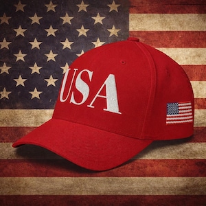 Op de afbeelding: Rode baseballcap met het woord "USA" in het wit geborduurd op de voorkant. De pet heeft een kleine Amerikaanse vlag patch aan de zijkant. De achtergrond toont de Amerikaanse vlag.
