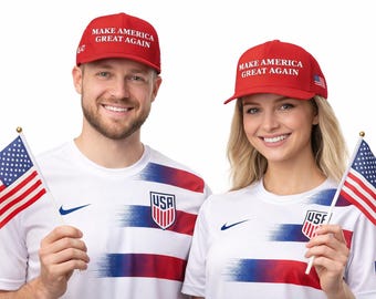 Embroidered MAGA Hat, Trump USA Flag Cap, Red Cotton Twill Snapback