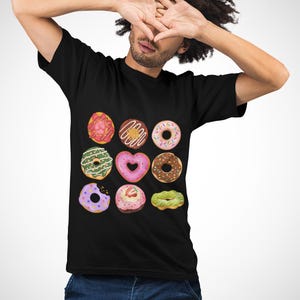 -shirt Donuts assortis | T-shirt mignon motif beignet coloré, t-shirt nourriture amusante, t-shirt amateur de beignets, gâterie sucrée, t-shirt unisexe