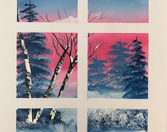 May include: A painting depicting a winter landscape in six square panels. The sky transitions from blue to pink, with snow-covered ground and trees in shades of blue and white. The artwork evokes a serene, cold atmosphere.