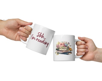 Book mug, shh I'm reading, personalize, bookish mug, book gift, book club, for her, book gift, librarian, stacked books mug, book worm, book