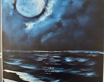 Original moon art, abstract 11x14 seascape original artwork, seascape, sea, ocean seascape, sea, oil paint