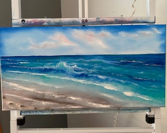 ORIGINAL 12x24 oil painting ready to ship, Ocean painting, Sea painting, Beach painting, Blue waves, Footprints