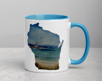 Wisconsin lighthouse mug, WI mug, WI coffee mug, Wisconsin tea mug, Wisconsin shape, WI original art