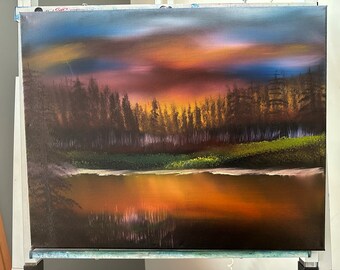 ORIGINAL 16x20 oil painting/Bob Ross inspired sunset lake Bob Ross season 13 episode 4