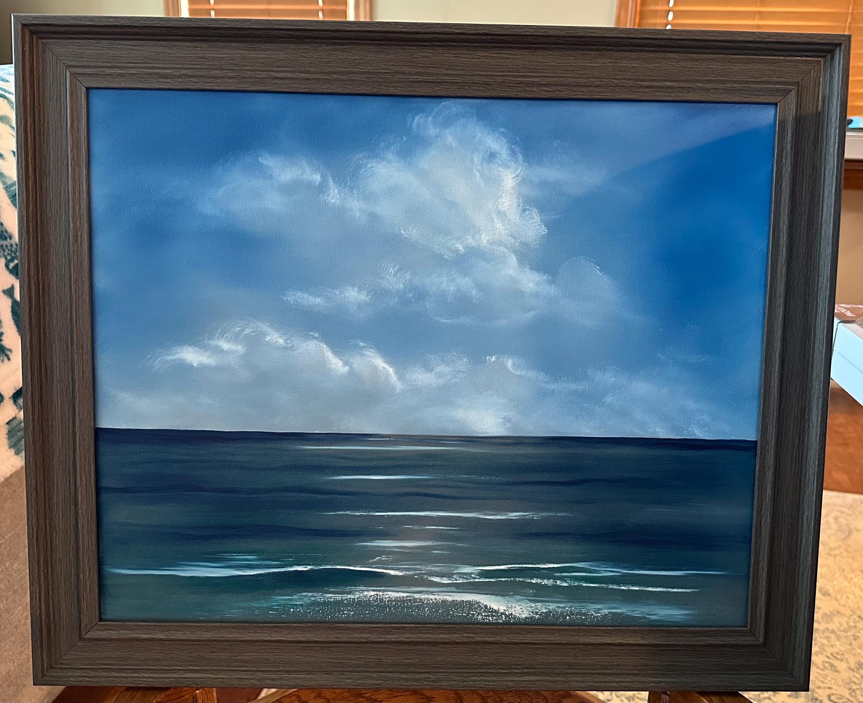 海の風景画 オリジナルの海景油絵 16x20: 嵐の空、海、海、抽象、テクスチャ、厚