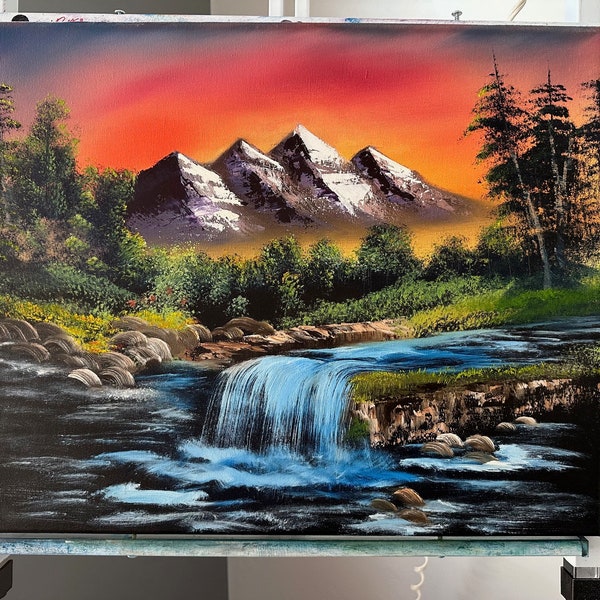 ORIGINAL 16x20 oil painting/Bob Ross inspired mountain waterfall based on Bob Ross season 19 episode 8