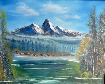 ORIGINAL oil painting/Bob Ross inspired/ Bob Ross mountain/16x20 canvas