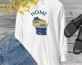 Wisconsin Home Hooded long-sleeve tee, Wisconsin shirt, WI shirt, Wisconsin gift, College, WI apparel, Wisconsin, for her, gift for her