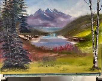 ORIGINAL oil painting/Bob Ross inspired/ Bob Ross mountain/16x20 canvas/fireweed season