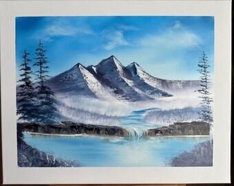 ORIGINAL waterfall oil painting/Bob Ross inspired/ Bob Ross mountain/16x20 canvas