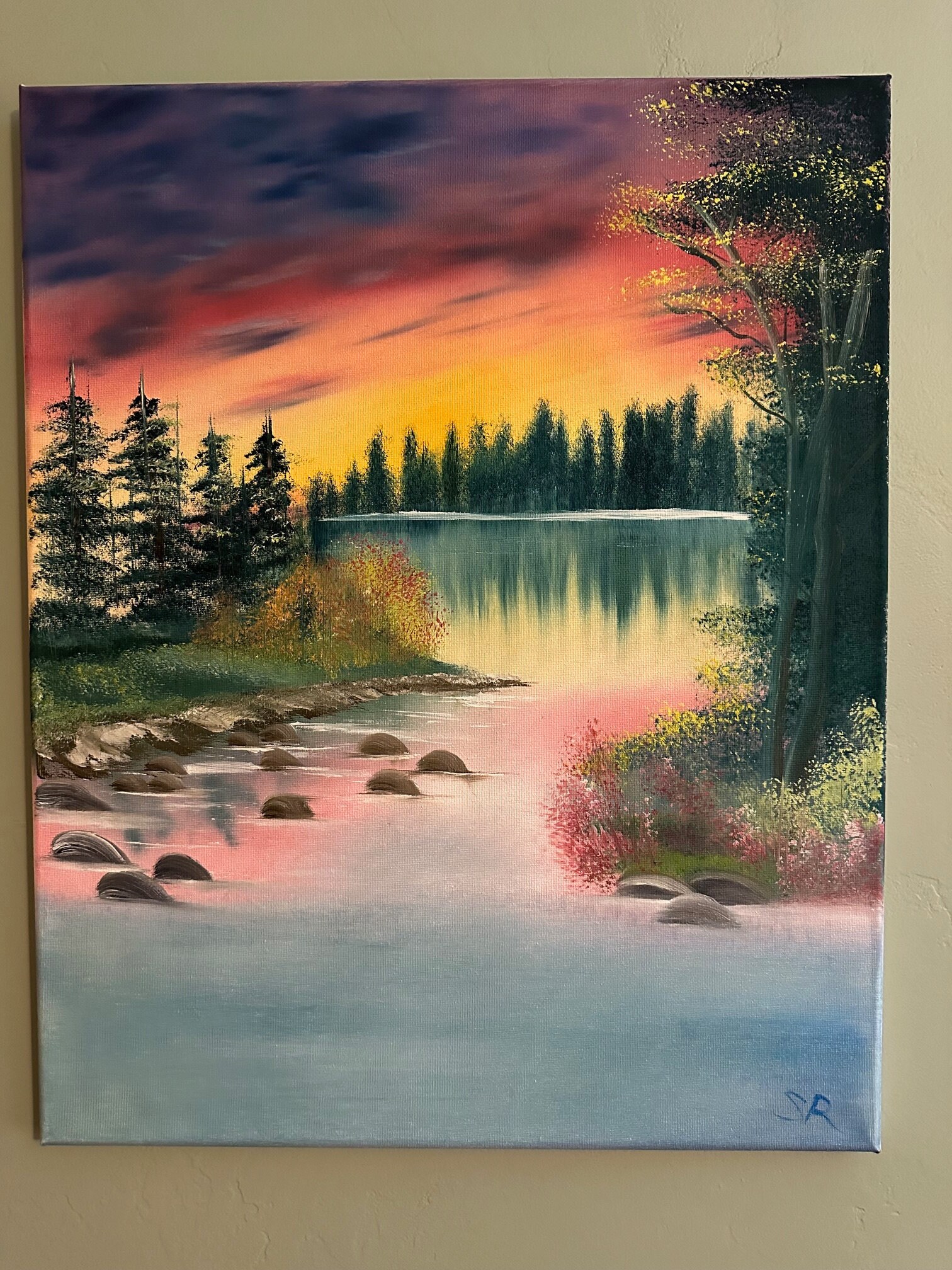 Towering Peaks at Sunset Bob Ross Oil Painting Replica