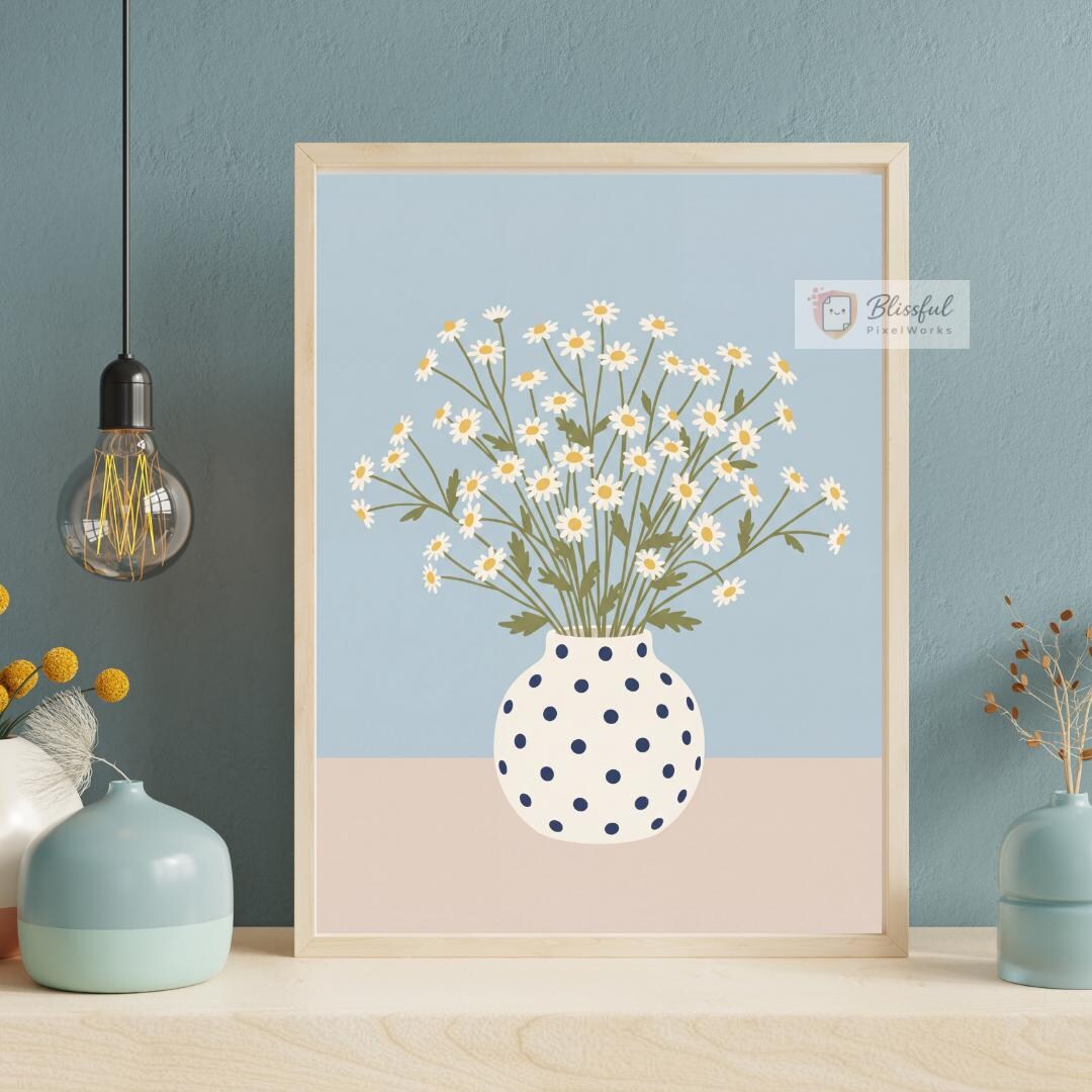 Minimalist Daisy Flower Vase Wall Art Printable | Blue Polka Dot Vase ...