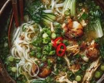 Hühner-Pho-Art-Nudelsuppe mit Baby Pok Choy Zitronengras Rezept PDF (Digitaler Download)