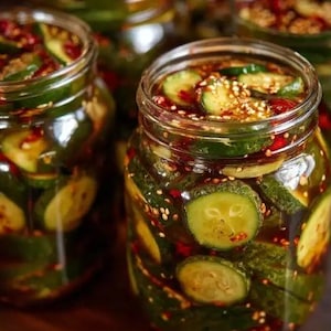 Pode incluir: Close-up de vários frascos de vidro cheios de pepinos fatiados em salmoura clara e avermelhada. Os pepinos são verdes e amarelos, com flocos de pimenta vermelha e sementes de gergelim. Os frascos são selados com tampas de metal.