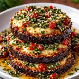 May include: A stack of three eggplant slices topped with melted cheese, diced red tomatoes, and a green herb mixture. The dish sits in a shallow pool of sauce on a white plate, showcasing a culinary creation.