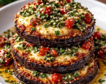 May include: A stack of three eggplant slices topped with melted cheese, diced red tomatoes, and a green herb mixture. The dish sits in a shallow pool of sauce on a white plate, showcasing a culinary creation.