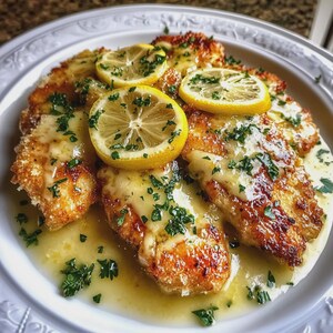 May include: A plate of chicken piccata, a classic Italian-American dish. The chicken cutlets are golden brown, topped with melted cheese, lemon slices, and fresh parsley. The dish is served in a light, buttery sauce.