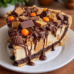 Puede incluir: Una porción de tarta de mantequilla de maní en un plato blanco. La tarta tiene una base de chocolate, un relleno de mantequilla de maní y está cubierta con salsa de chocolate, tazas de mantequilla de maní y caramelos de mantequilla de maní.