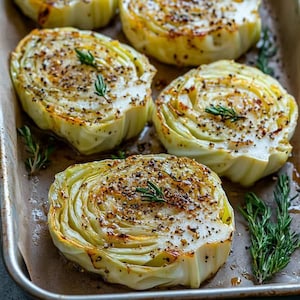 Pode incluir: Uma foto em close-up de fatias de repolho assadas em uma assadeira. O repolho está dourado com temperos e ervas visíveis. A imagem mostra uma preparação culinária, destacando a textura e a apresentação do prato.