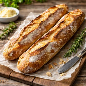 Op de afbeelding: Twee goudbruine baguettes liggen op bakpapier op een houten snijplank. Een klein bakje boter en rozemarijntakjes staan op de achtergrond. Een zilveren mes ligt naast het brood.