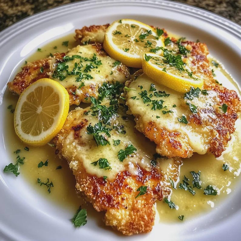 May include: A plate of chicken piccata with lemon slices and parsley garnish. The chicken is golden brown and covered in a creamy sauce. The dish is served on a white plate.