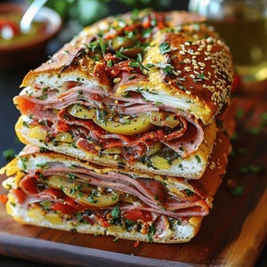 May include: A stacked sandwich with layers of ham, salami, cheese, tomatoes, and pickles. The bread is a sesame-seed-covered roll. The sandwich is cut in half, revealing the ingredients. The sandwich is on a wooden cutting board.