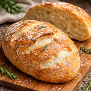 May include: A loaf of freshly baked bread with a golden-brown crust, dusted with flour and garnished with rosemary sprigs. The bread is sliced, revealing a soft, airy interior. The bread is on a wooden cutting board.