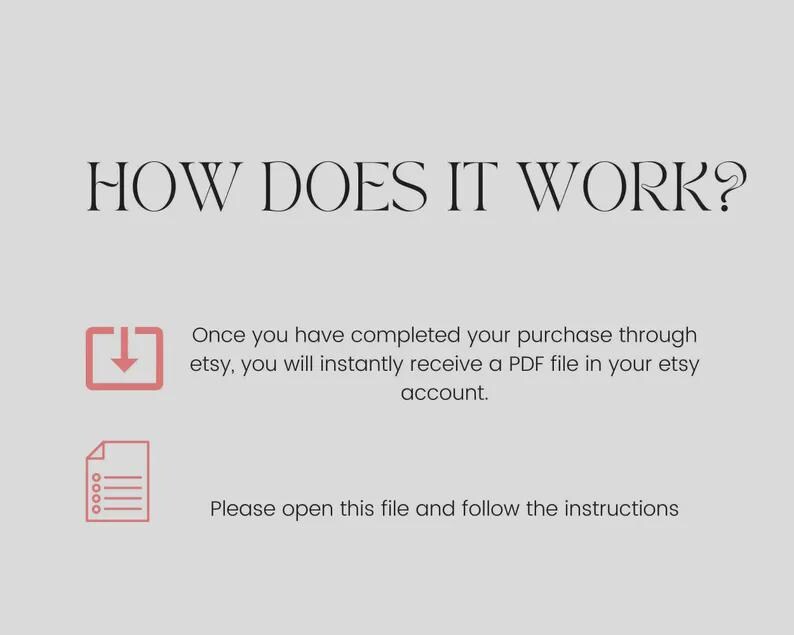 May include: A light gray graphic with the text "HOW DOES IT WORK?" in a serif font. Below, a red download icon and text explain how to receive a PDF file after purchase. Another icon and text instruct the user to open the file and follow instructions.