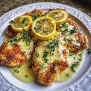 May include: A plate of chicken piccata, a classic Italian dish. The golden-brown chicken cutlets are topped with a creamy, cheesy sauce, fresh parsley, and lemon slices. The dish is served on a white plate with a decorative rim.