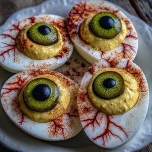 May include: Four hard-boiled egg halves arranged on a plate, decorated to resemble eyeballs. Each egg features a yellow yolk centre topped with a green iris and black pupil, surrounded by red, vein-like streaks painted on the white egg surface.