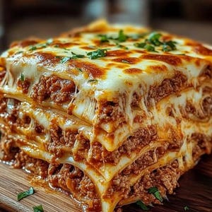 May include: A close-up of a layered lasagna dish. The lasagna features layers of pasta, ground meat, and melted cheese. The cheese is golden brown and bubbly, with a few green herbs sprinkled on top. The dish is on a wooden surface.