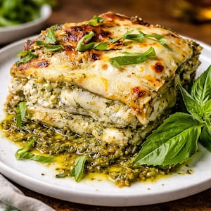 May include: A square slice of lasagna on a white plate, featuring layers of pasta, creamy white cheese, and a vibrant green pesto sauce. Fresh basil leaves garnish the top and sides, with a golden-brown, bubbly cheese crust.