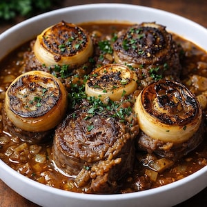 May include: A white bowl filled with a hearty stew featuring large, browned meat portions topped with caramelized onion rings. The stew has a rich, dark brown broth with visible diced vegetables and is garnished with fresh green herbs.