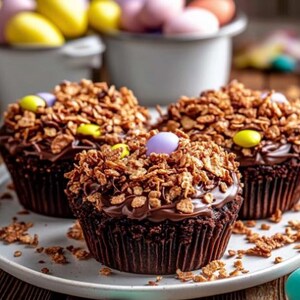 Puede incluir: Tres cupcakes de chocolate con glaseado de chocolate, cubiertos con cereales y huevos de caramelo de colores. Los cupcakes están sobre un plato blanco, con más huevos en el fondo, sugiriendo un tema de Pascua.