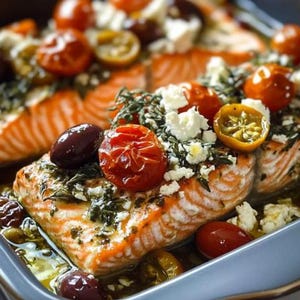 May include: Baked salmon fillets with roasted cherry tomatoes, olives, and crumbled feta cheese in a light blue baking dish. The salmon is seasoned with herbs and spices, creating a colorful and appetizing dish.