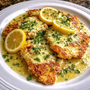 May include: A plate of Chicken Piccata, a classic Italian-American dish. The dish features breaded chicken cutlets in a lemon butter sauce, garnished with fresh parsley and lemon slices. The food is served on a white plate.