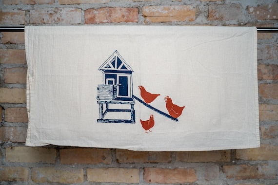 Chicken Coop, tea towel, hand printed