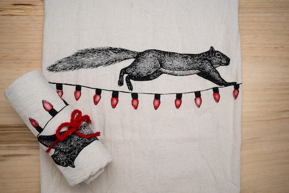 Squirrel on holiday lights hand printed Flour sack tea towel
