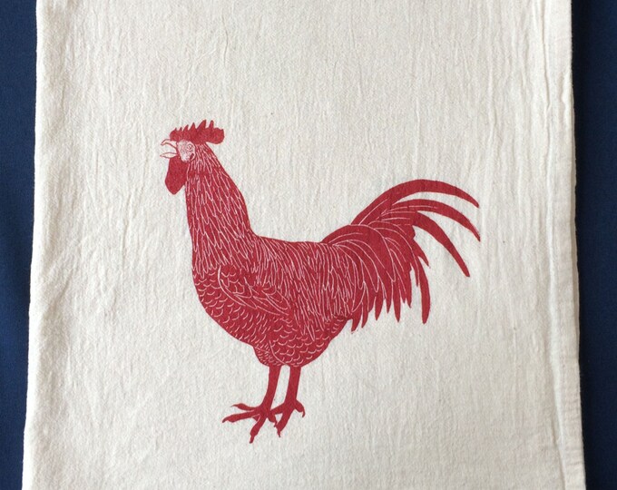 Rooster, tea towel, eco friendly hand printed