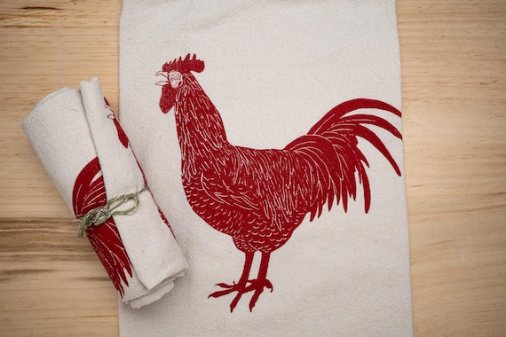Rooster, tea towel, eco friendly hand printed
