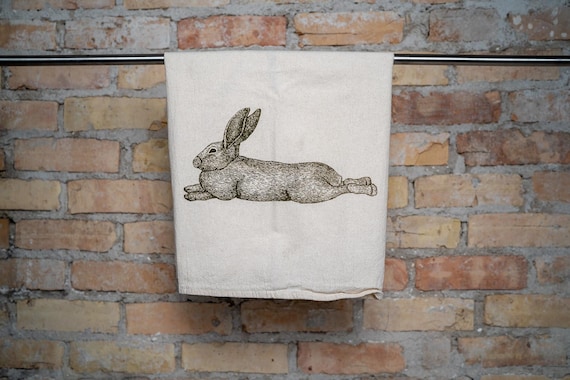 Tea Towel, Screen Printed Flour Sack Towel, lounging bunny rabbit, handmade, eco-friendly, kitchen towel, dish towel